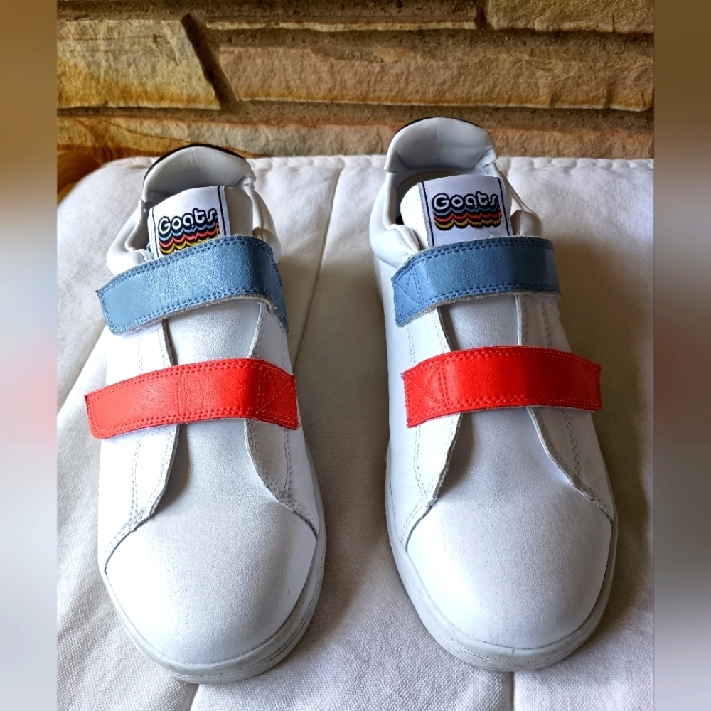 GOATs Leather White Sneakers with Red and Blue Straps_8.5